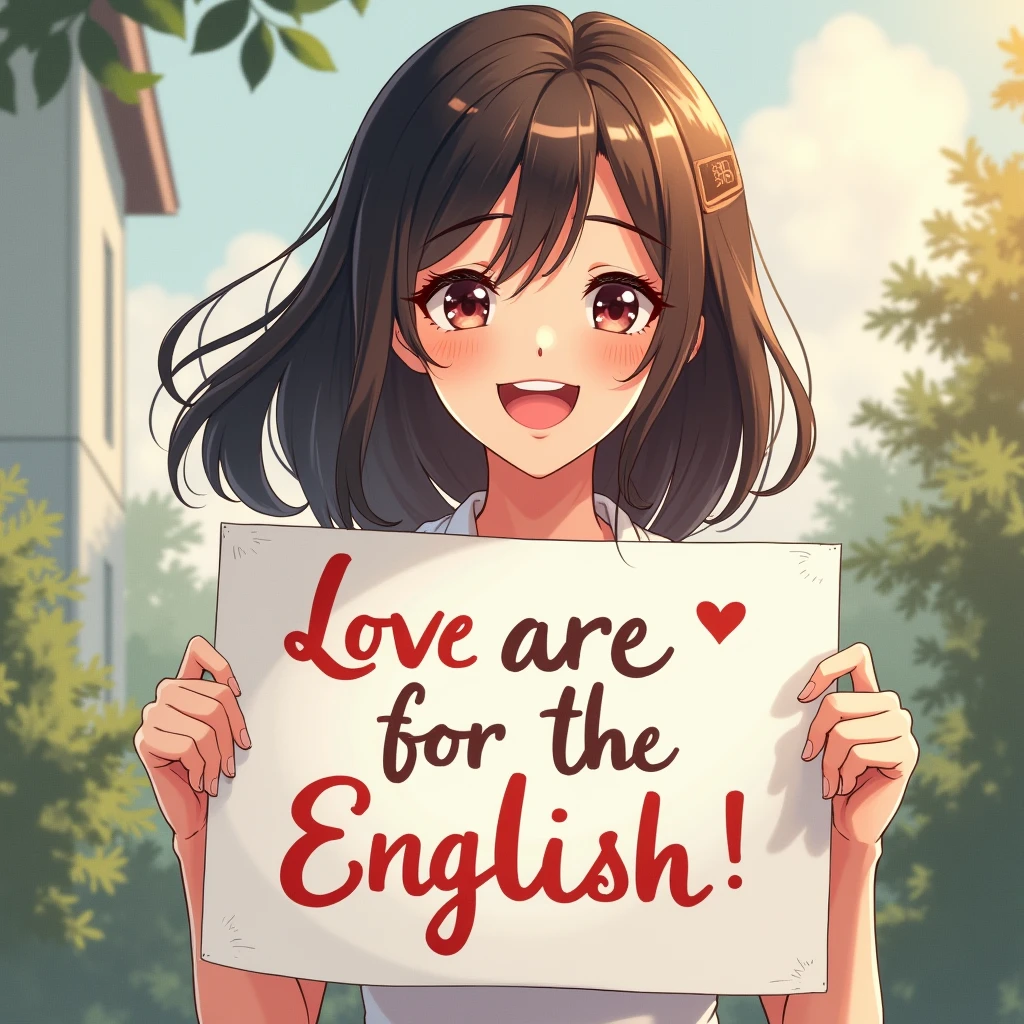 A beautiful and cute woman holding up a sign "I love English", Joyful, Happy, Anime illustration, Realistic, oil