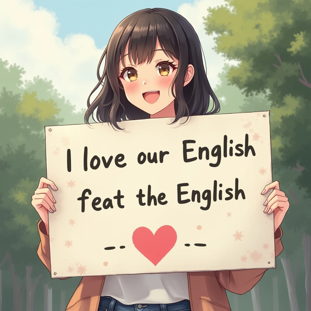 A beautiful and cute woman holding up a sign "I love English", Joyful, Happy, Anime illustration, Realistic, oil