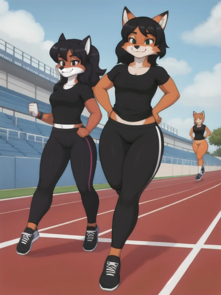 Furry, fox, female, black shirt, black leggings, shoes, running track, friends, full body