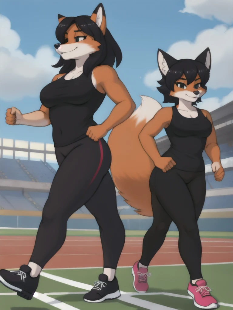 Furry, fox, female, black shirt, black leggings, shoes, running track, friends, full body