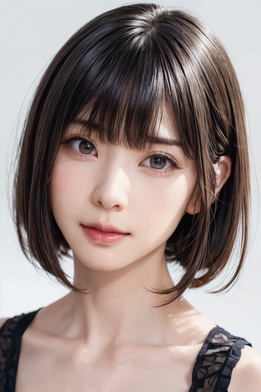 ((masterpiece, Highest quality, High resolution、Realisticですべてが美しく詳細に描かれている)), 1 girl, (Realistic: 1.4), alone, White Background, snow-White Background, Mouth closed, smile, smile, Beautiful black hair, short hair, Big eyes, Transparent double eyelids, eyelash, Listen carefully, Long neck, 美しくLong neck, Absolute area, ((Face close-up)), (Draw the whole head, shoulder), 19 years old, Attractive proportions, Glowing Skin, Beautiful clavicle, Golden ratio face, Perfect Face, Teardrop-shaped mole, chestのほくろ, bangs, clean bangs, beautiful bangs, Lip gloss, Thin lips, Fair skin, naked, Big Breasts, {Huge|big|Hugeな|Mega} chest:2, chestの谷間:2,chestの谷間を見せる、Small face, Small face, All the heads are painted, shoulder all drawn, Point slightly above the camera