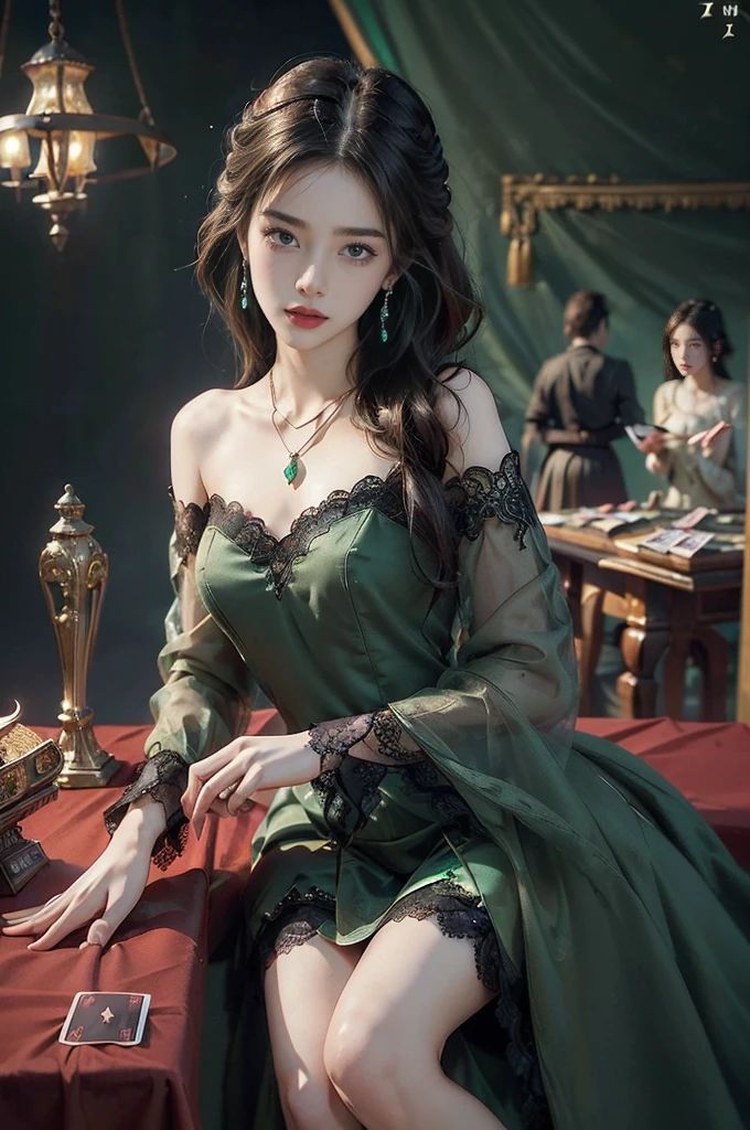 (((best quality))),(((ultra detailed))),(((masterpiece))),illustration,((1 beautiful girl,solo)),(shoulder-length straight bob:0.8),((earrings,necklace)),((slim,thin)),((small breasts,flat chest)),(sitting by the card table:1.3),(dark night scene:1.3), lamp, glow,fair skin,detailed eyes,(emerald green lace dress:1.3), black curves fabric, string, white pearls, sophistication, cherry red lips, (card game:1.3), concentration, intensity,graceful, purposeful, calm, serenity, solitary, enchanting, elegance, atmospheric,captivating, mysterious, ambiance, alluring, enigmatic,((from front,upper body))