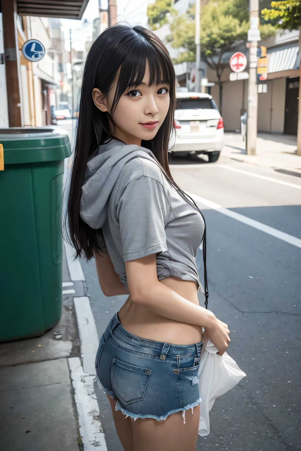 the front view of a japanese woman,street area,telephone poles,garbage collection center under the telephone pole, Japanese girl,Slender body,large hip, BREAK (wearing light gray hoodie), BREAK (wearing ripped denim shorts), black long flipped hair with blunt bangs, sandals,panty line, (no bra),smile,one nipples out, early morning,i carry a garbage bag,high resolution,standing in front of the trash can,put garbage in the trash can,shooting through the trash can,(from head to knee shot),leaning forward,(from above),looking at another,