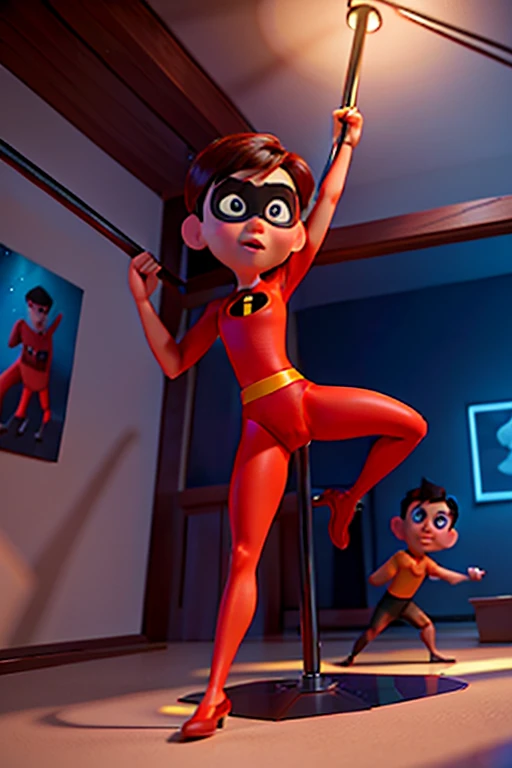 a boy and a girl in diapers doing pole dancing, Pixar animated movie Incredibles style, highly detailed, ultra-realistic, 8k, sharp focus, studio lighting, vivid colors, volumetric lighting, dramatic lighting, cinematic, masterpiece