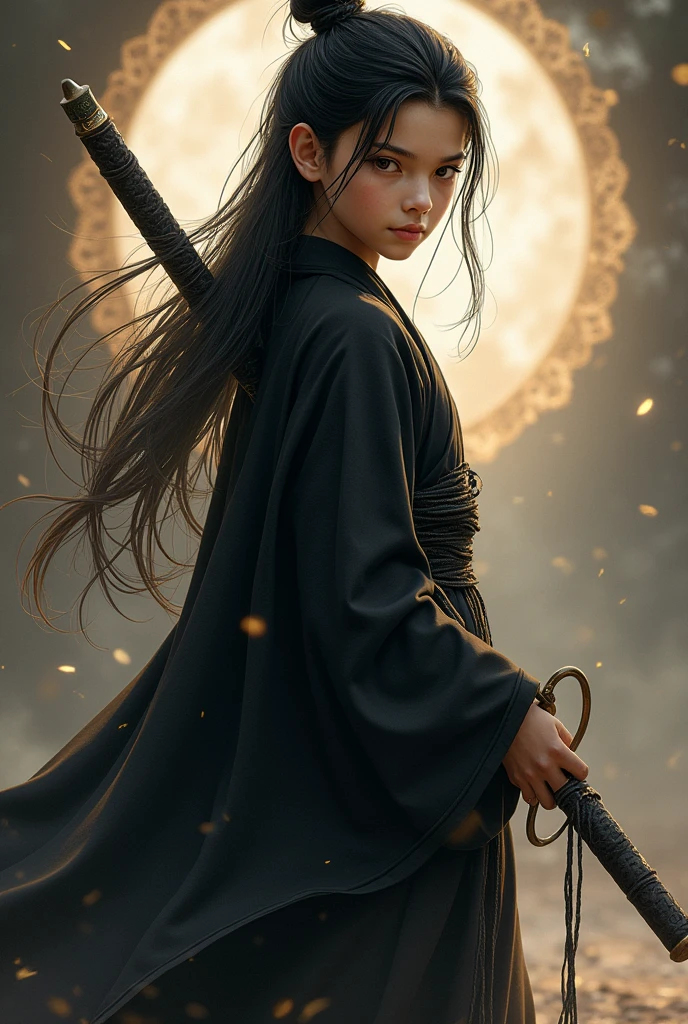 brown eyed boy, Half god and demon with long black hair with a full body sword wearing a black colored hanfu over 20