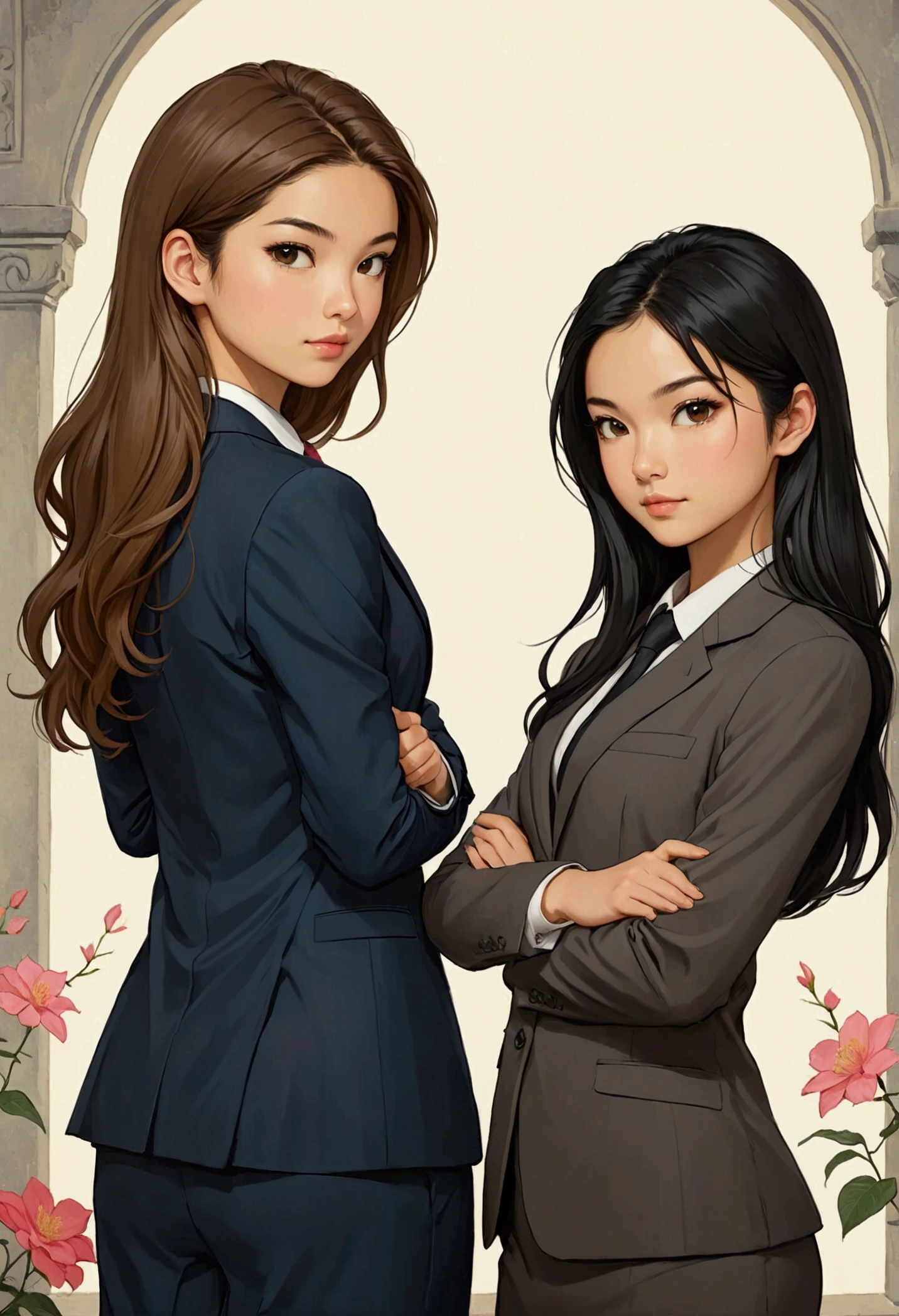 Two beautiful Sarah Kay style women in love. One is 21 years old, with semi-long light brown hair, British features, dressed in a suit, the other a beautiful 25 year old Asian woman, with long black hair, dressed in a suit, they are standing back to back in a relaxed attitude with their arms crossed.