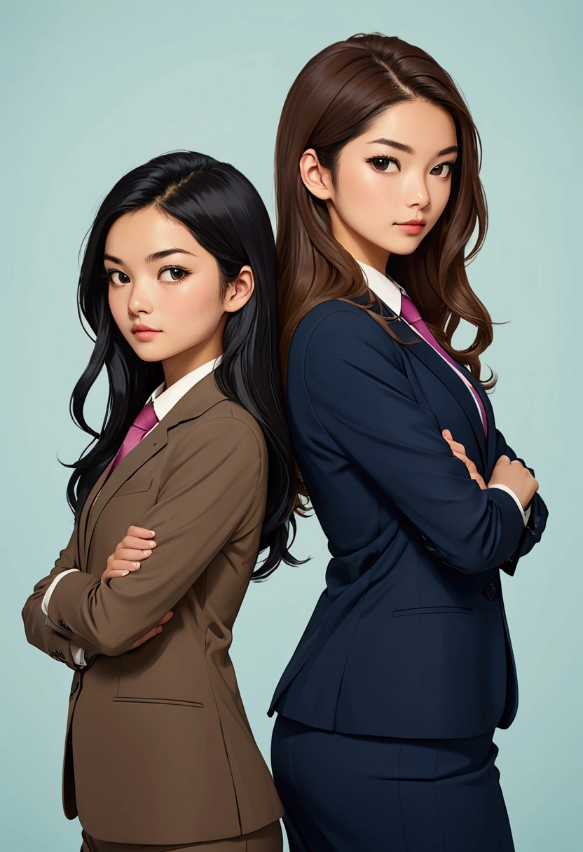 Two beautiful Sarah Kay style women in love. One is 21 years old, with semi-long light brown hair, British features, dressed in a suit, the other a beautiful 25 year old Asian woman, with long black hair, dressed in a suit, they are standing back to back in a relaxed attitude with their arms crossed.