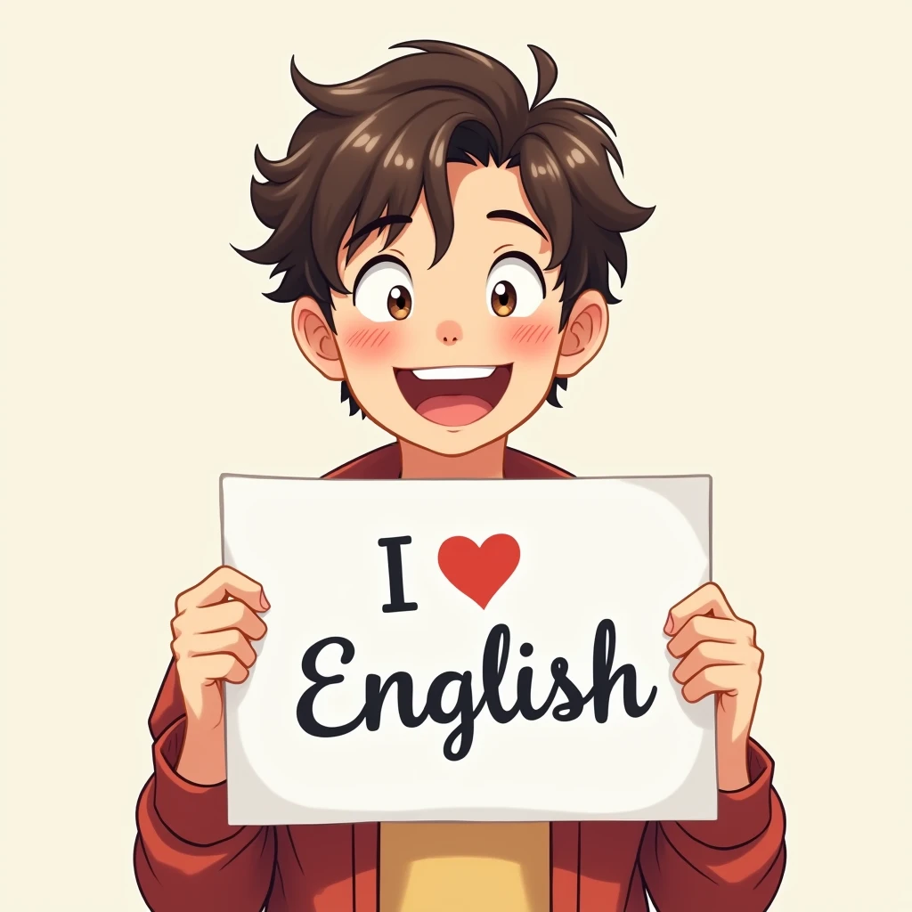 A beautiful and cute man holding up a sign "I love English", Joyful, Happy, Anime illustration, Realistic, oil