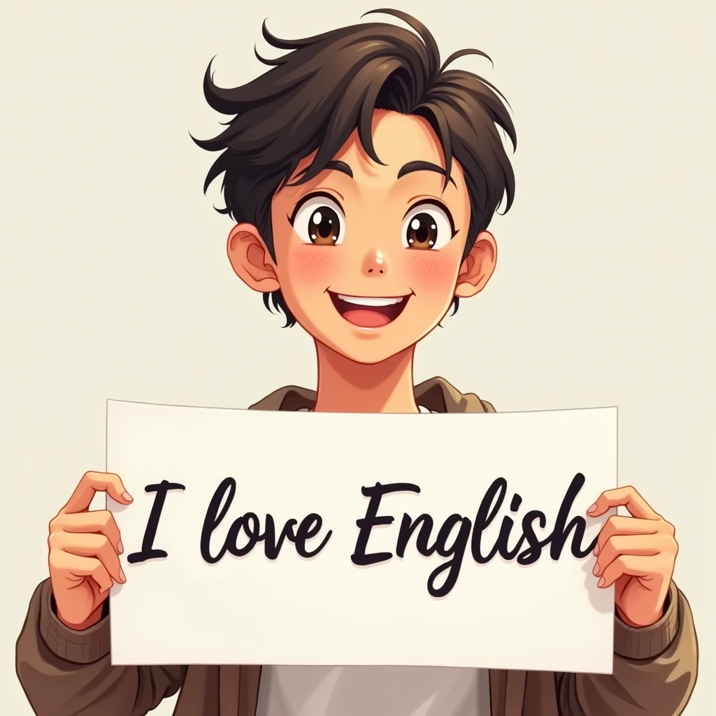 A beautiful and cute man holding up a sign "I love English", Joyful, Happy, Anime illustration, Realistic, oil