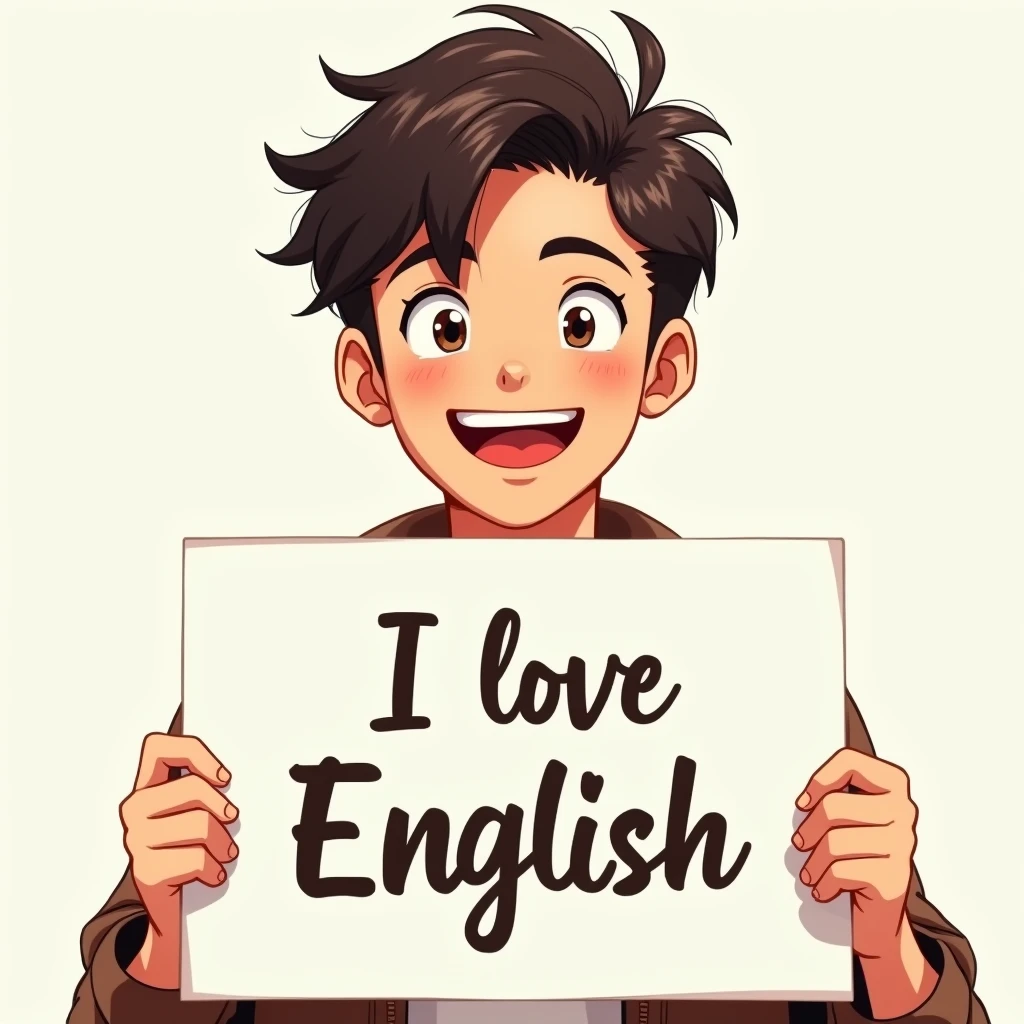 A beautiful and cute man holding up a sign "I love English", Joyful, Happy, Anime illustration, Realistic, oil