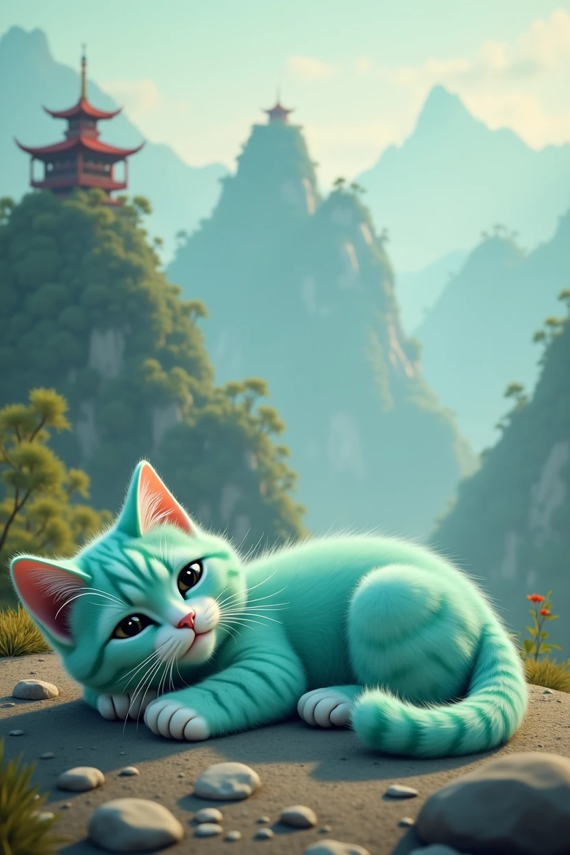 A cute Tiffany green cat lying on the ground, lazy and unmotivated, Chinese style background with a computer on top of a huge mountain.