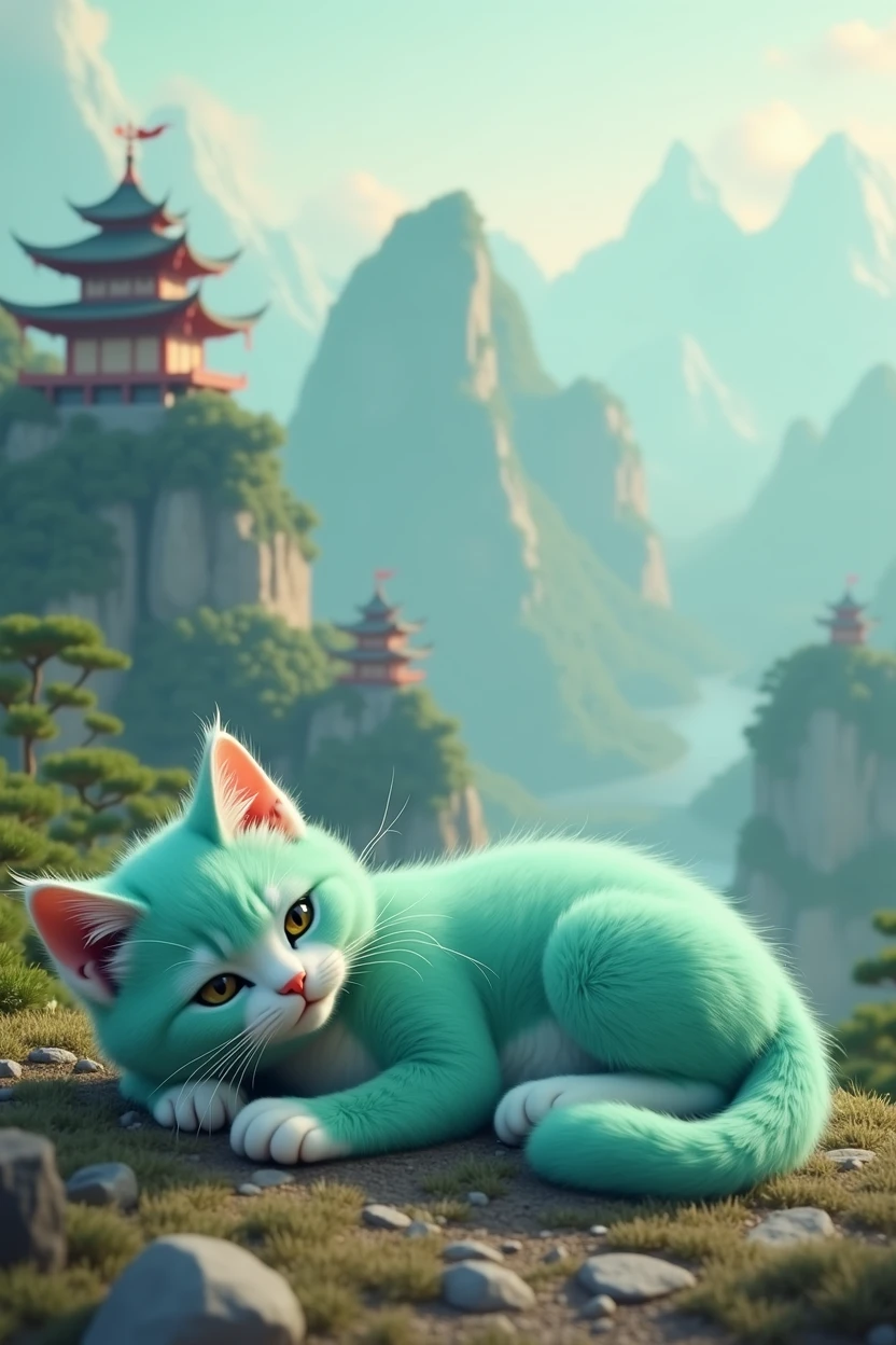 A cute Tiffany green cat lying on the ground, lazy and unmotivated, Chinese style background with a computer on top of a huge mountain.