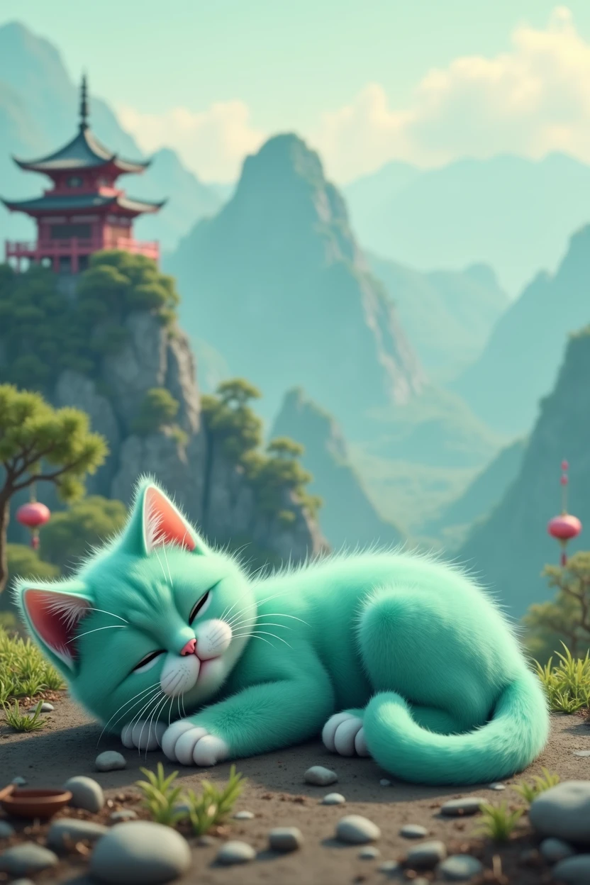 A cute Tiffany green cat lying on the ground, lazy and unmotivated, Chinese style background with a computer on top of a huge mountain.