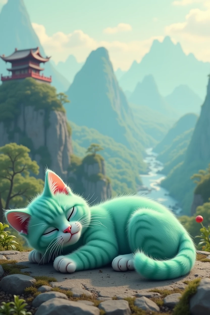 A cute Tiffany green cat lying on the ground, lazy and unmotivated, Chinese style background with a computer on top of a huge mountain.