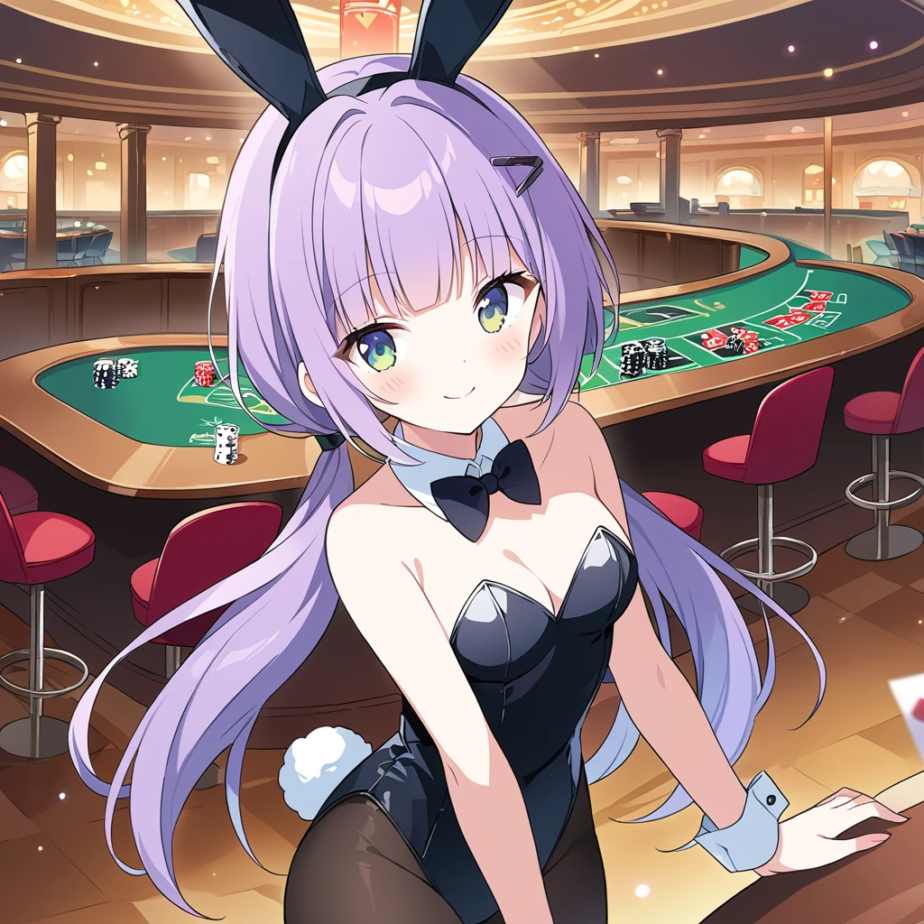 A girl, (a girl with closs hair pin, pale purple hair, low twintail, blunt bangs hair, green and black eyes, smiling, playboy bunny, rabbit ears, black rabbit ears, fake rabbit ears, black leotard,pantyhose, black pantyhose,
bowtie, wrist cuffs:1.4), anime visual, (tilt head:1.3),Cute, Kawaii, Masterpiece, Detailed Drawing, Illustration, Official Art,casino,