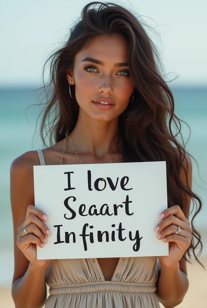 Beautiful girl with wavy long hair, bohemian dress, holding a white board with text "I Love Seaart Infinity" and showing it to the viewer