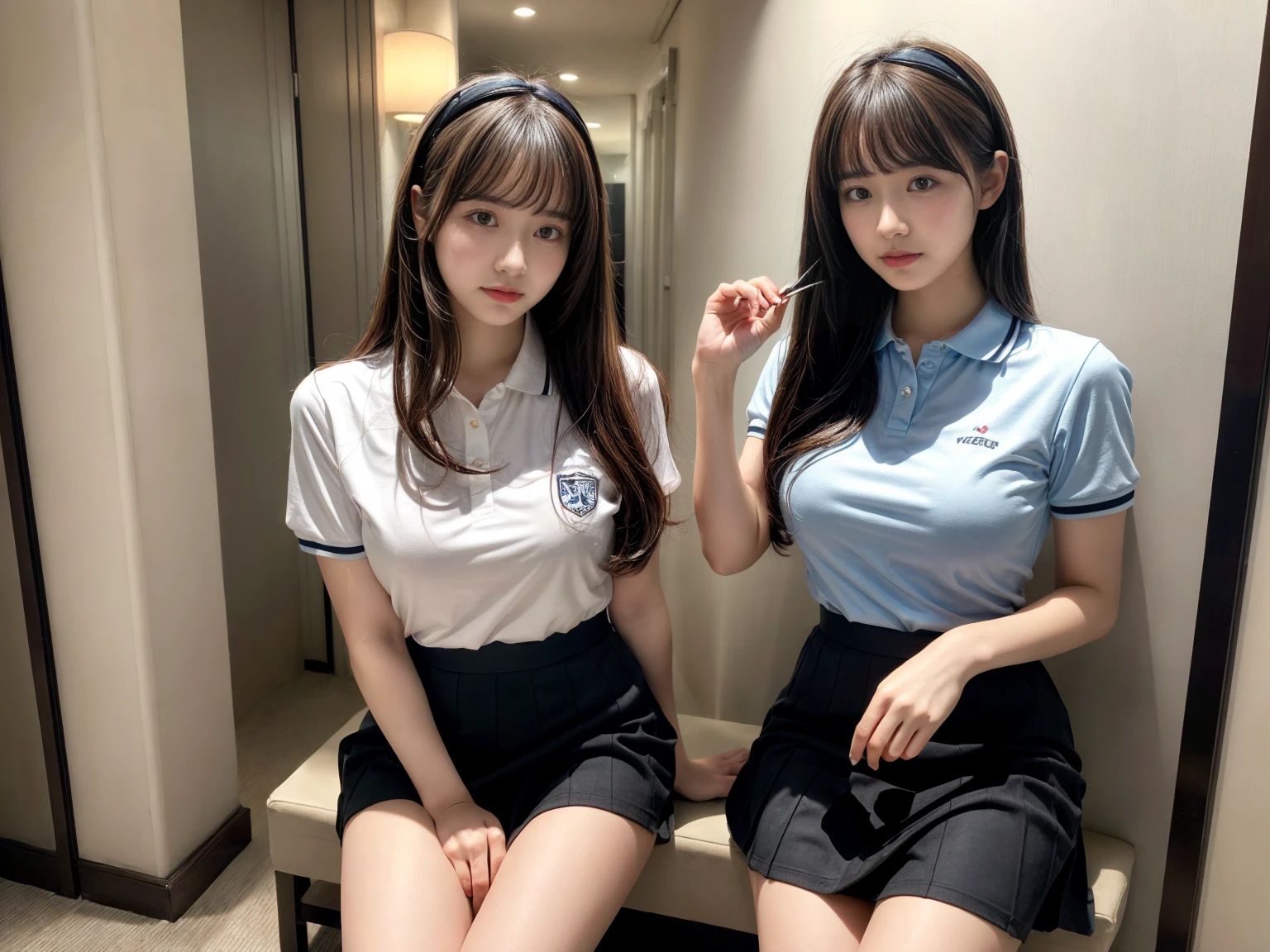 masterpiece, best quality, illustration, Super detailed, fine details, High resolution, 8K,wall paper, perfect dynamic composition,(Details High quality, realistic depiction of eyes:1.3), (2 girls), (Fashionable, with soft pastel colors, black skirt, pernas nu, camisa polo preta, uniform soccer, ambiente urbano), straight hair, large breasts, black hair color, Big Natural Color Lip, (perfect body shape), crying a little、Harajuku style、20 year old girl、cute type、lolita、beautiful legs, hotel room, Gravure Idol