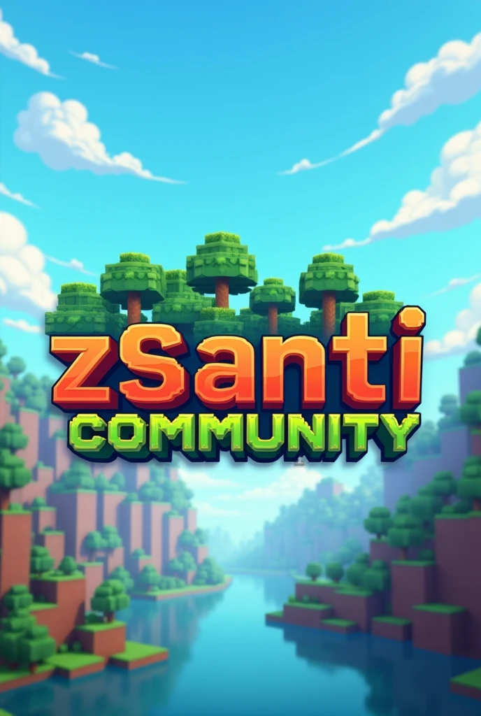 A square Minecraft-style world that says in front of the zSanti Community world with a blue Minecraft-style background