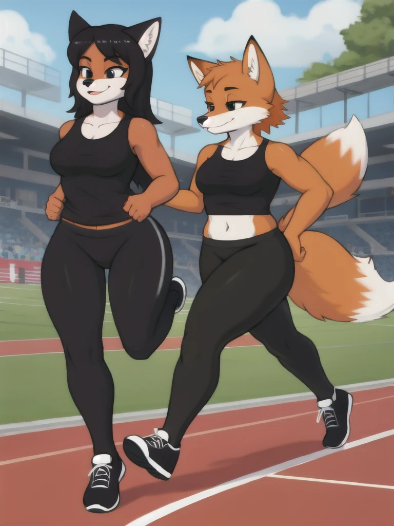 Furry, fox, female, black shirt, black leggings, shoes, running track, friends, full body