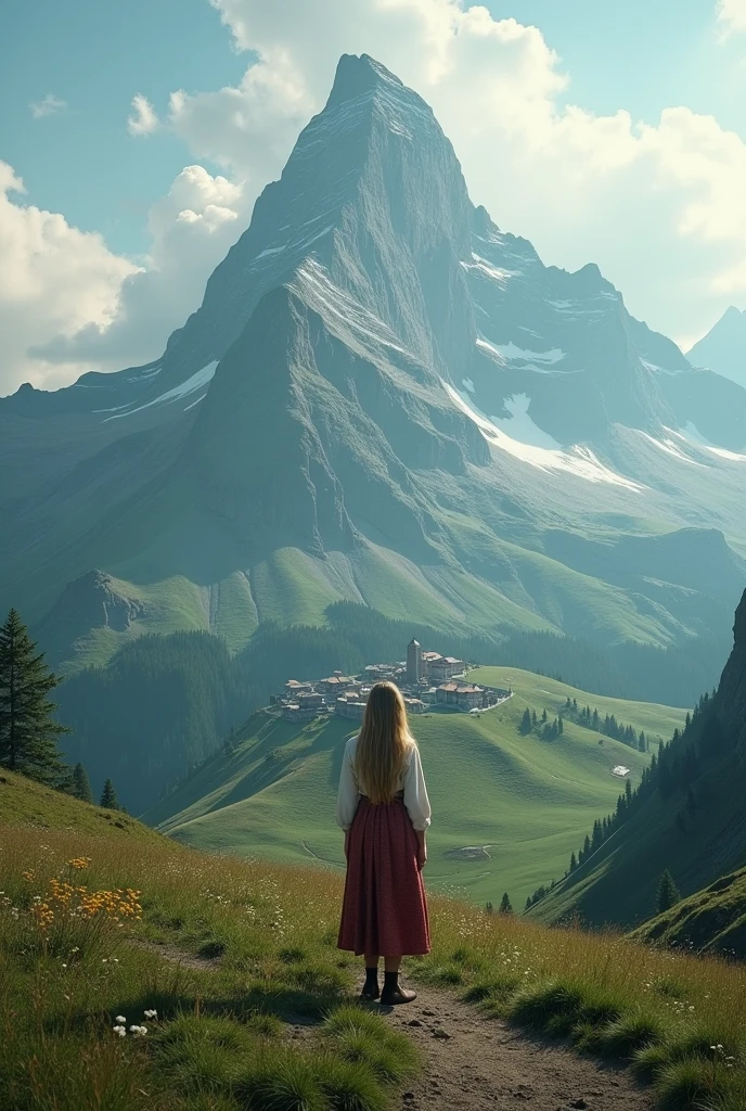 A large majestic mountain with a village resting at its summit, a beautiful dutch girl yodeling, subsurface scattering, Photorealistic, Hyperrealistic, analog style, realistic, film photography, soft lighting, photo, cinematography, high resolution, 8k