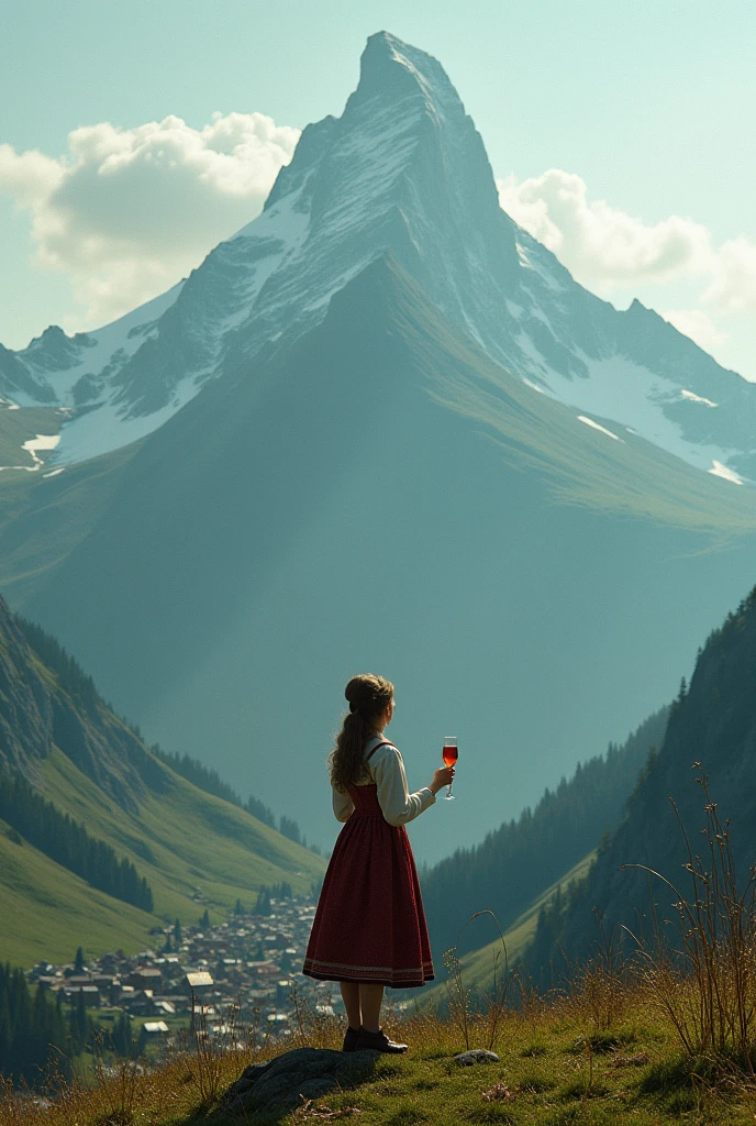 A large majestic mountain with a village resting at its summit, a beautiful dutch girl yodeling, subsurface scattering, Photorealistic, Hyperrealistic, analog style, realistic, film photography, soft lighting, photo, cinematography, high resolution, 8k