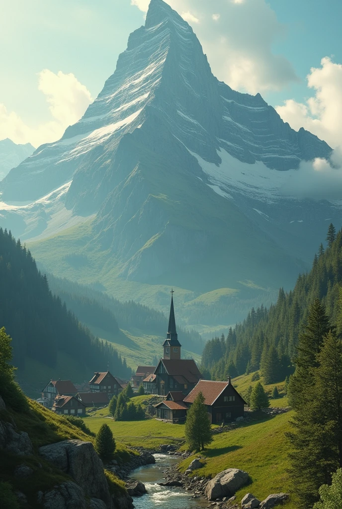 A large majestic mountain with a village resting at its summit, a beautiful dutch girl yodeling, subsurface scattering, Photorealistic, Hyperrealistic, analog style, realistic, film photography, soft lighting, photo, cinematography, high resolution, 8k