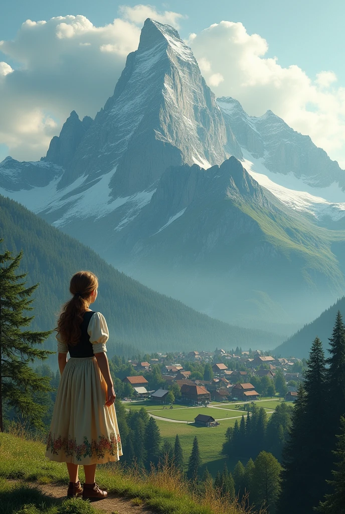 A large majestic mountain with a village resting at its summit, a beautiful dutch girl yodeling, subsurface scattering, Photorealistic, Hyperrealistic, analog style, realistic, film photography, soft lighting, photo, cinematography, high resolution, 8k