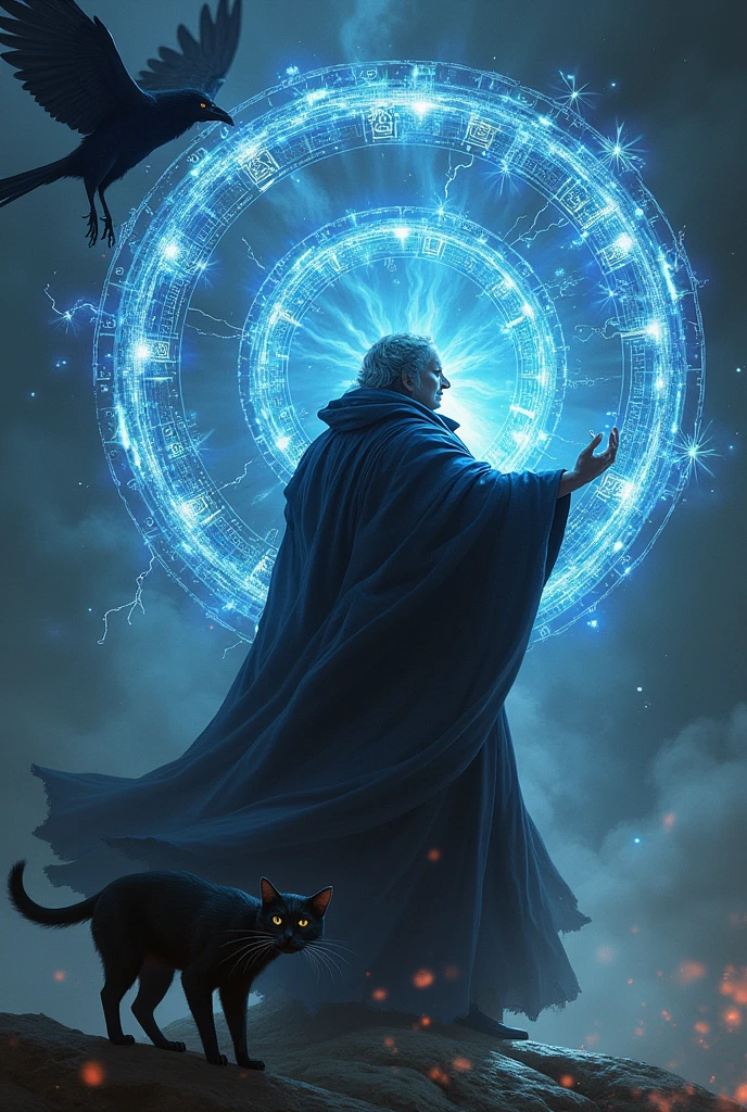 Arcane Mage conjuring magic circles and controling time with a flying raven and black cat