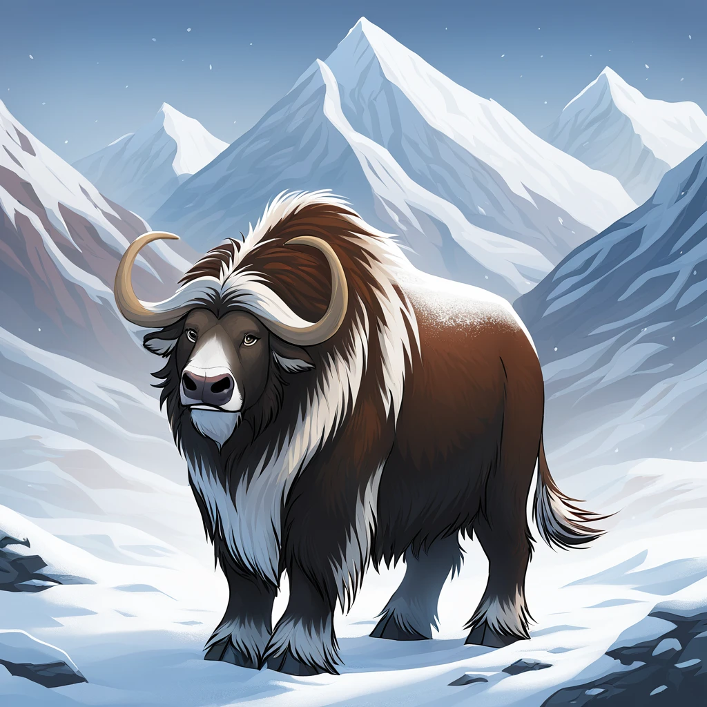Muskox, snow, mountains
with background