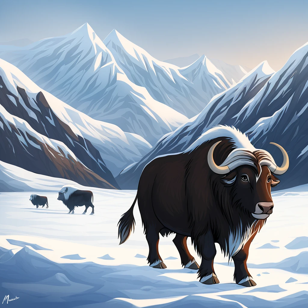 Muskox, snow, mountains
with background