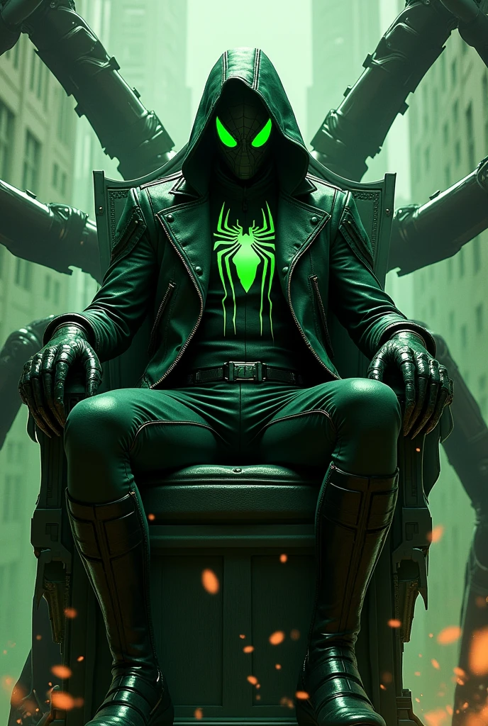Create a villainous Spiderman, he has a green technological armor, he also has a leather jacket that has a hood that covers his head, his mask lenses must also be intense green, he will have some parts of his suit that must be black where There are some lines of green lava and his spider on his chest is the same as the one Venom has, also some ferrous claws on his hands and he also has 4 spider legs that are mechanical and are large, they are part of the armor while he is sitting a throne while its throne is this new york covered in cobwebs