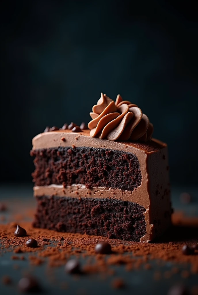 cinematic film still chocolate, chocolate cake, dark background, quality photo, moist texture, frosting, studio photo, slice . shallow depth of field, vignette, highly detailed, high budget, bokeh, cinemascope, moody, epic, gorgeous, film grain, grainy