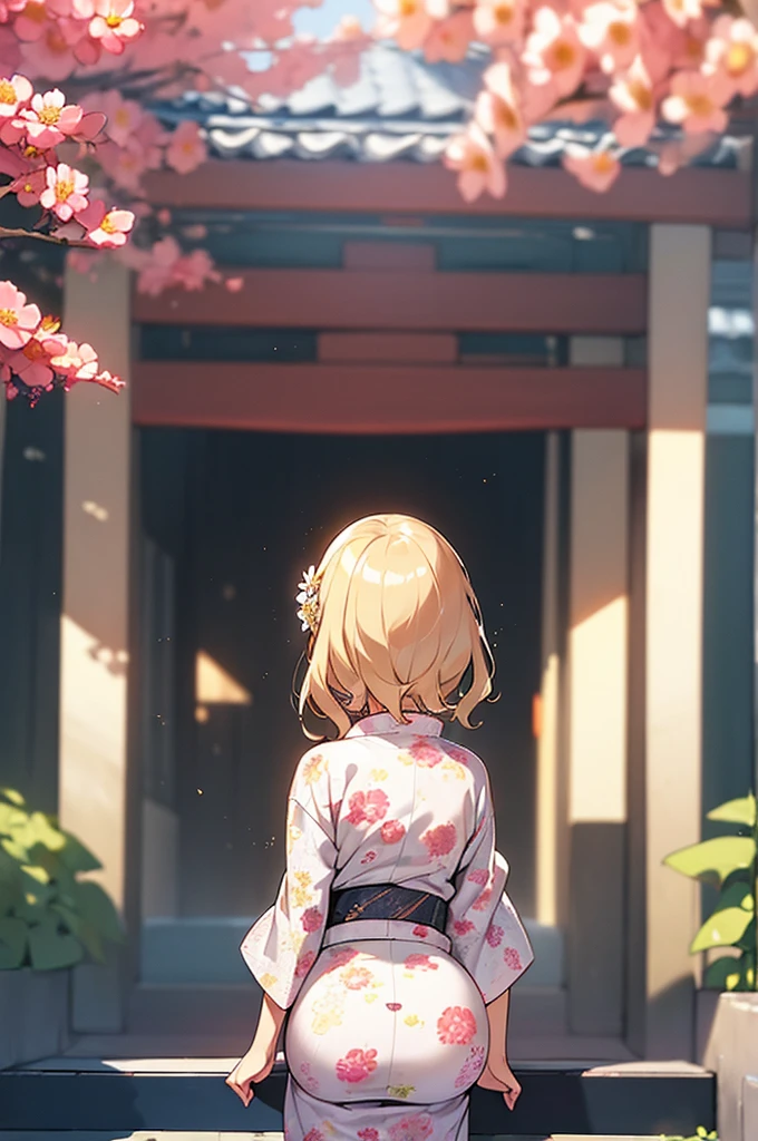(Masterpiece, Top quality:1.5), (from behind:1.2), 1 beautiful girl, solo, squatting down, Blonde, medium Hair, wavy Hair, asymmetry bangs, swept bangs, airy hair, (big hips:1.2), 16 year old, (flower printed yukata :1.3), smile:1.3, blush, beautiful scene of narrow Alley, blurry background, magnificent panorama view, blurry background, open mouth, closed eyes, firework