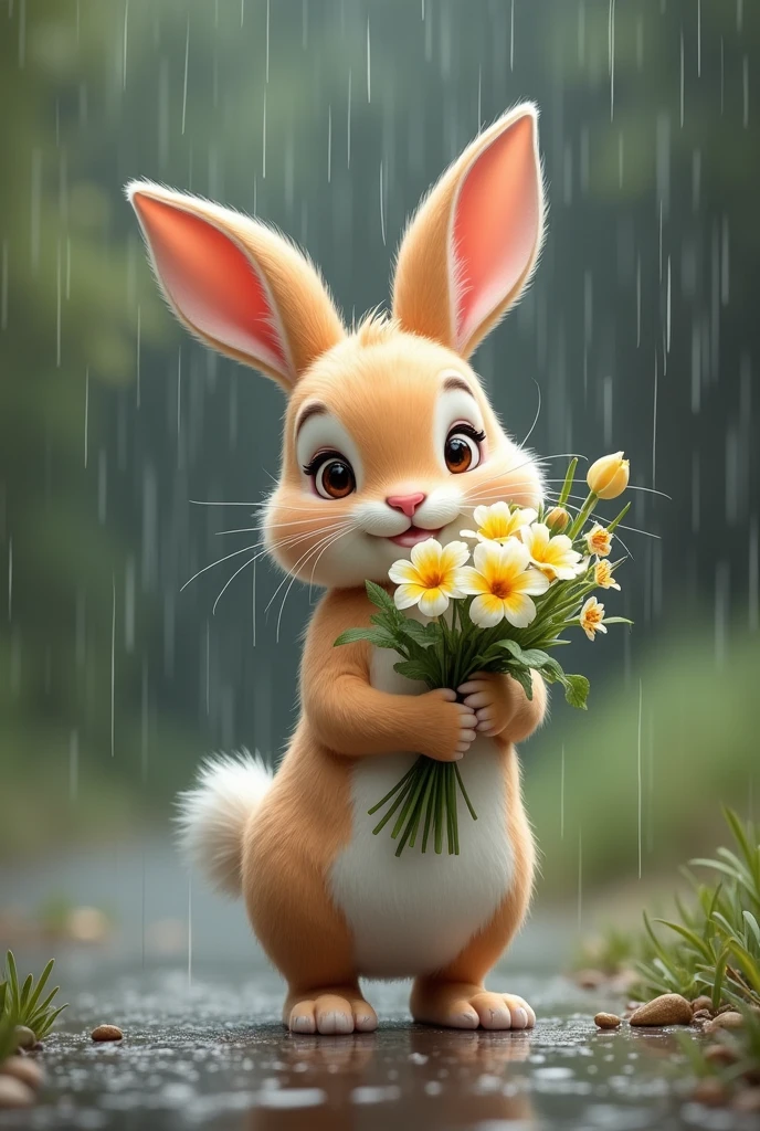 Baby bunny holding a bouquet of flowers in the rain advntr
