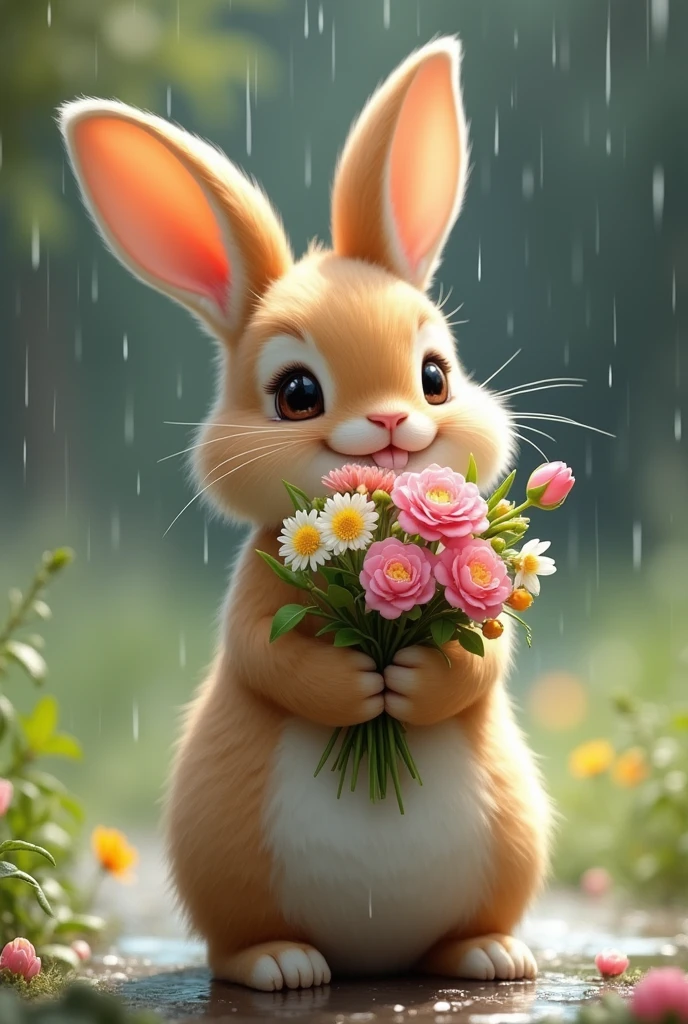 Baby bunny holding a bouquet of flowers in the rain advntr