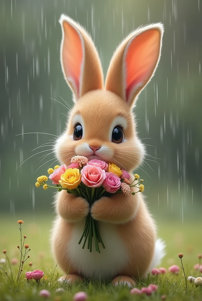 Baby bunny holding a bouquet of flowers in the rain advntr