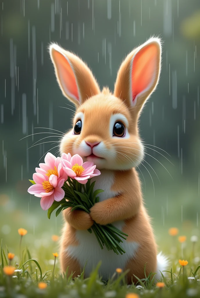 Baby bunny holding a bouquet of flowers in the rain advntr