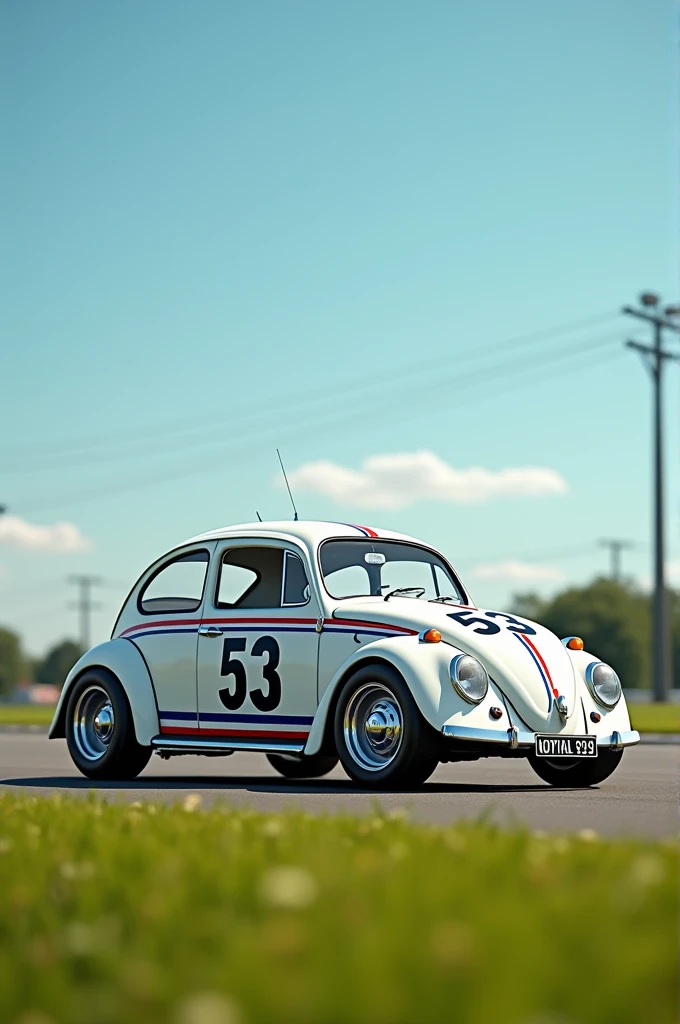 A detailed image of a white Volkswagen Beetle car with the number 53 on the hood and doors, decorated with red, white, and blue racing stripes running from the front to the back. The car has a vintage, classic look, and is set against a backdrop of a sunny day on a racetrack. The environment should have clear skies and green grass surrounding the track, giving a vibrant and lively feel