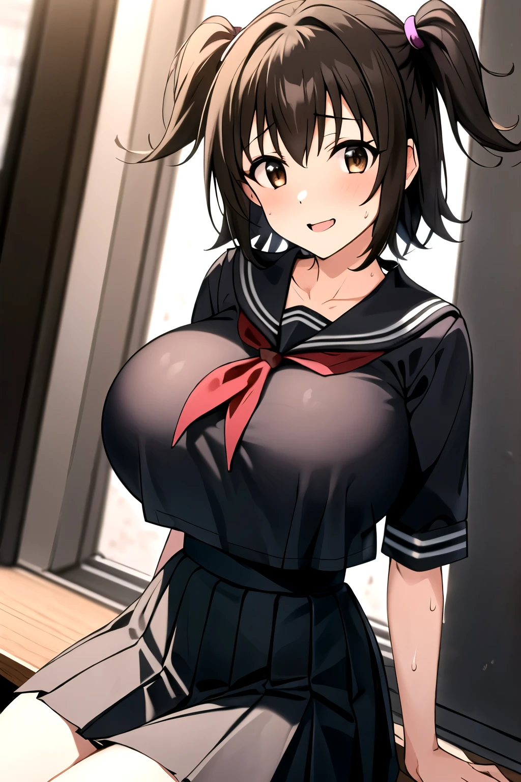 masterpiece, best quality,
1girl, 独奏, black hair, short hair, two side up, brown eyes,((large breasts)),(round breast),big tits,wide boobs,Breasts growing big,busty,smile,Slender body,(skinny body),Nice body,Stylish,Hourglass Shape,(Narrow waist:1.4),curvin waist,
serafuku, pleated skirt, sailor collar,
sitting, wind,
cowboy shot, looking at viewer,sweat,frustrated,Frustration,school,Upper Body,((breast focus)),(breast close-up),