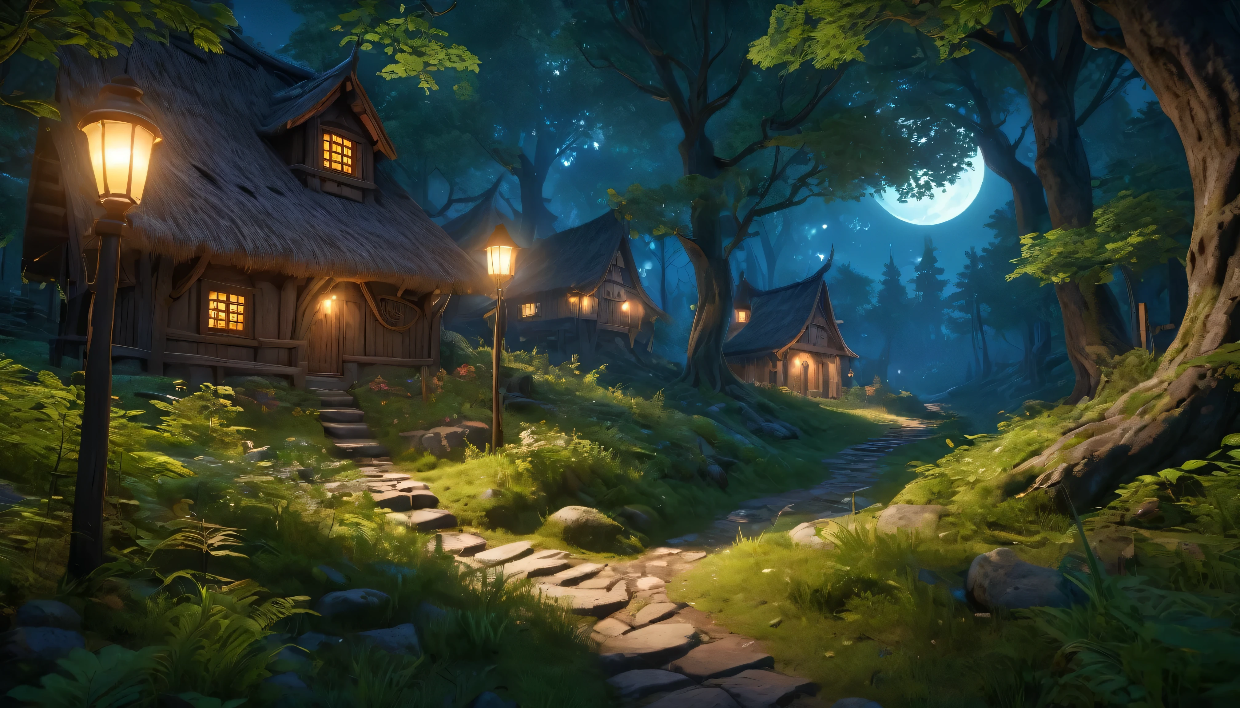 (anime, fantasy, medieval village), (best quality, highres, HDR:1.2), vibrant colors, detailed landscape, intricate, there is a small path in the middle of a forest, cinematic forest lighting, moonlit forest environment, 8 k. volumetric lighting. dark, game engine lighting, environment lighting, rendered in cryengine, fantasy forest environment, highly detailed environment, detailed textures and lighting