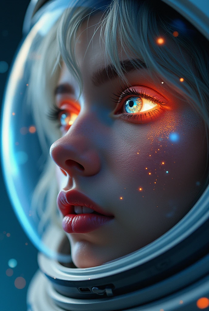 (Close-up of a better masterpiece:1.5)0.9], (Space and astronauts:1.2) (Messy silver hair:1.1) (Heterochromia xanthochromia and blue eyes:1.2) (Space Helmet:1.0) (Colored stars in the eyes:1.0) (A radiant glow:1.1) (thick lips:0.9)