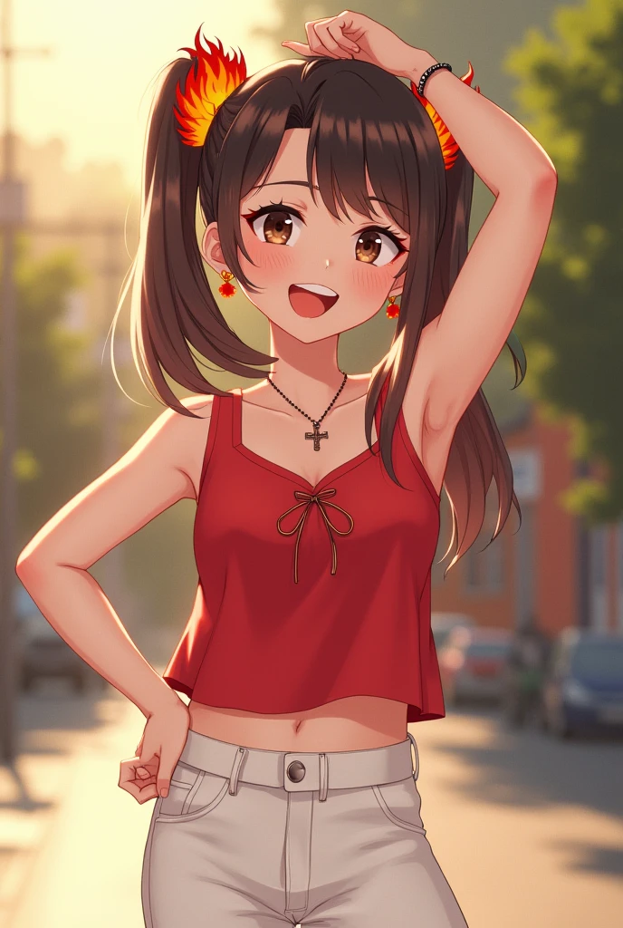 Aries (Aries): A lively and energetic Japanese woman in her early 20s。Red top with white pants、She wears flame-inspired accessories.。The background is bright、Outdoors with the sun shining。
