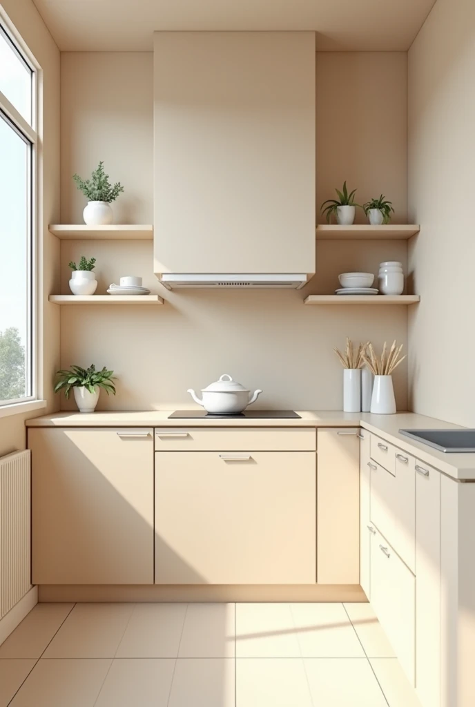 Create a kitchen in light beige ceramic color on all walls, floors and counters, it must not have shelves, also must have an efficient place to store foods and goods with an efficiently placed garbage can.
This for a 4x5 square meter kitchen.