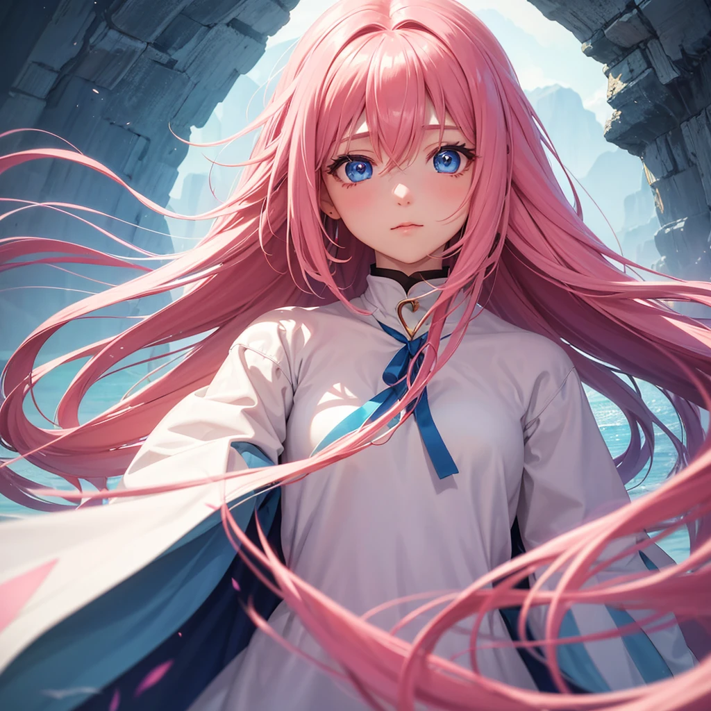 "A close-up anime portrait of Arona, a young girl with long pink hair and bright blue eyes. In this scene, Her eyes are heart-shaped and her face is blushing., expressing a deep infatuation. The view is from the neck up, highlighting his expressive face, with her hair flowing softly and framing her face. The background is abstract and colorful, with soft tones that complement her pink hair, accentuating the romantic atmosphere of the scene."