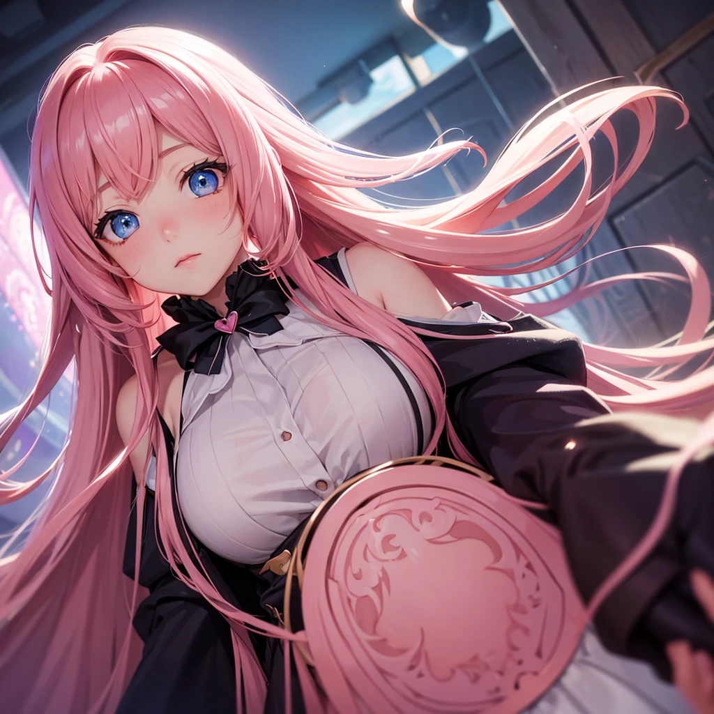 "A close-up anime portrait of Arona, a young girl with long pink hair and bright blue eyes. In this scene, Her eyes are heart-shaped and her face is blushing., expressing a deep infatuation. The view is from the neck up, highlighting his expressive face, with her hair flowing softly and framing her face. The background is abstract and colorful, with soft tones that complement her pink hair, accentuating the romantic atmosphere of the scene."
