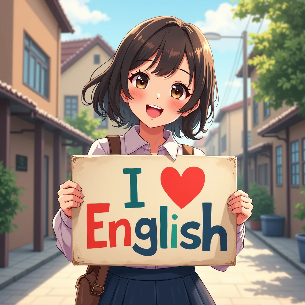 A beautiful and cute woman holding up a sign "I love English", Joyful, Happy, Anime illustration, Realistic, oil、Pulled angle
