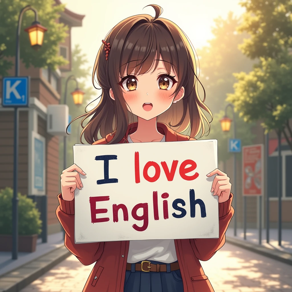 A beautiful and cute woman holding up a sign "I love English", Joyful, Happy, Anime illustration, Realistic, oil、Pulled angle