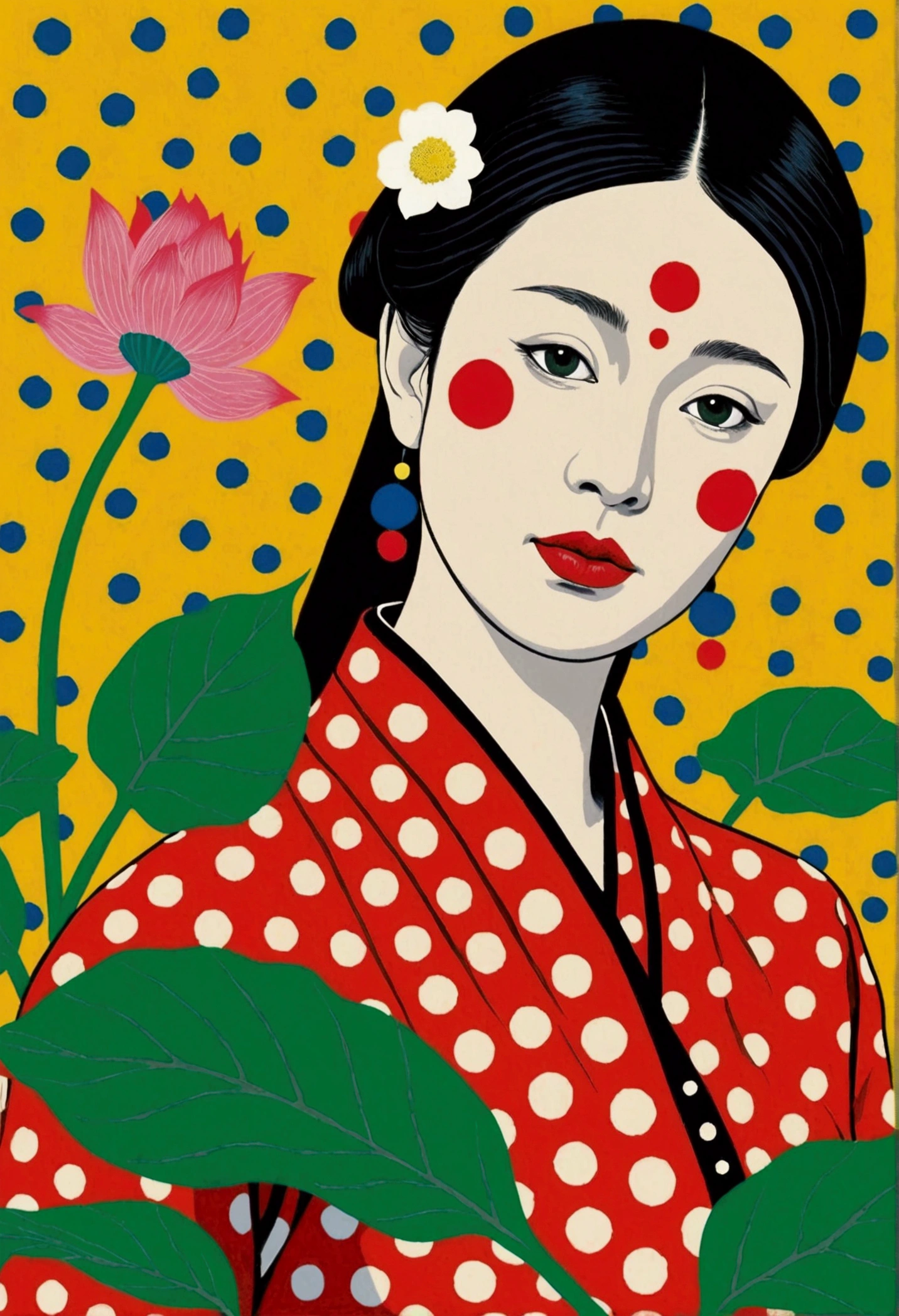 Vector,flat,A painting,由Dot构成的荷叶荷花。Yayoi Kusama Artworks,Polka dot art,Oriental Aesthetics,Dot,Elegant and soft colors,Simple lotus leaf