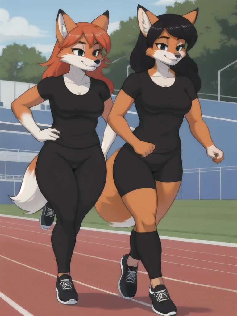 Furry, fox, female, black shirt, black leggings, shoes, running track, friends, full body
