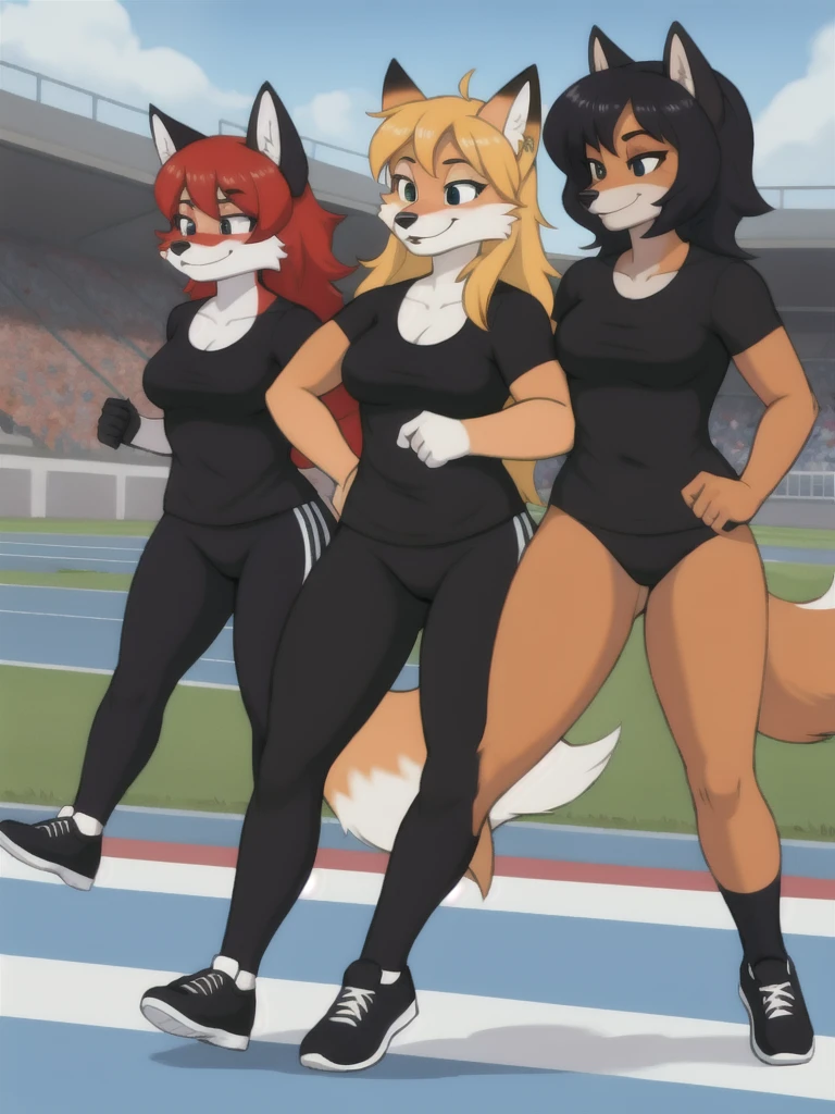 Furry, fox, female, black shirt, black leggings, shoes, running track, friends, full body